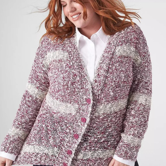 NWOT Lane Bryant Maroon Classic Long-Sleeve Button-Front Cardigan Marl Stripe 1X - Picture 1 of 12